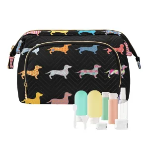 Women Wave Quilt Cosmetic Bag, Zipper Toiletry Storage 10.2x5.9x6.7 in, Pouch Handbag Makeup Case Purse Holder Organizer Print Colorfu Dachshund Dogs On Black