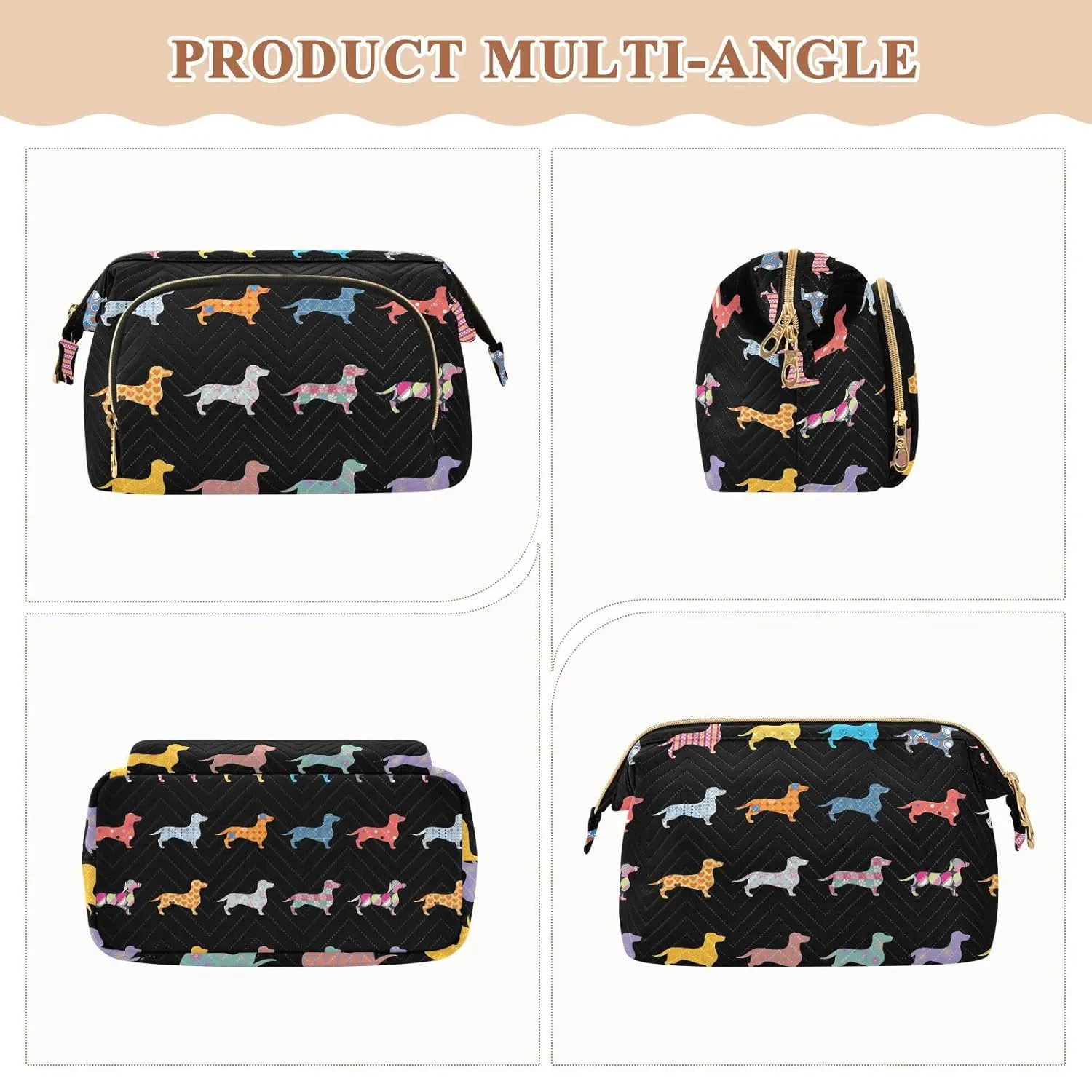 Women Wave Quilt Cosmetic Bag, Zipper Toiletry Storage 10.2x5.9x6.7 in, Pouch Handbag Makeup Case Purse Holder Organizer Print Colorfu Dachshund Dogs On Black