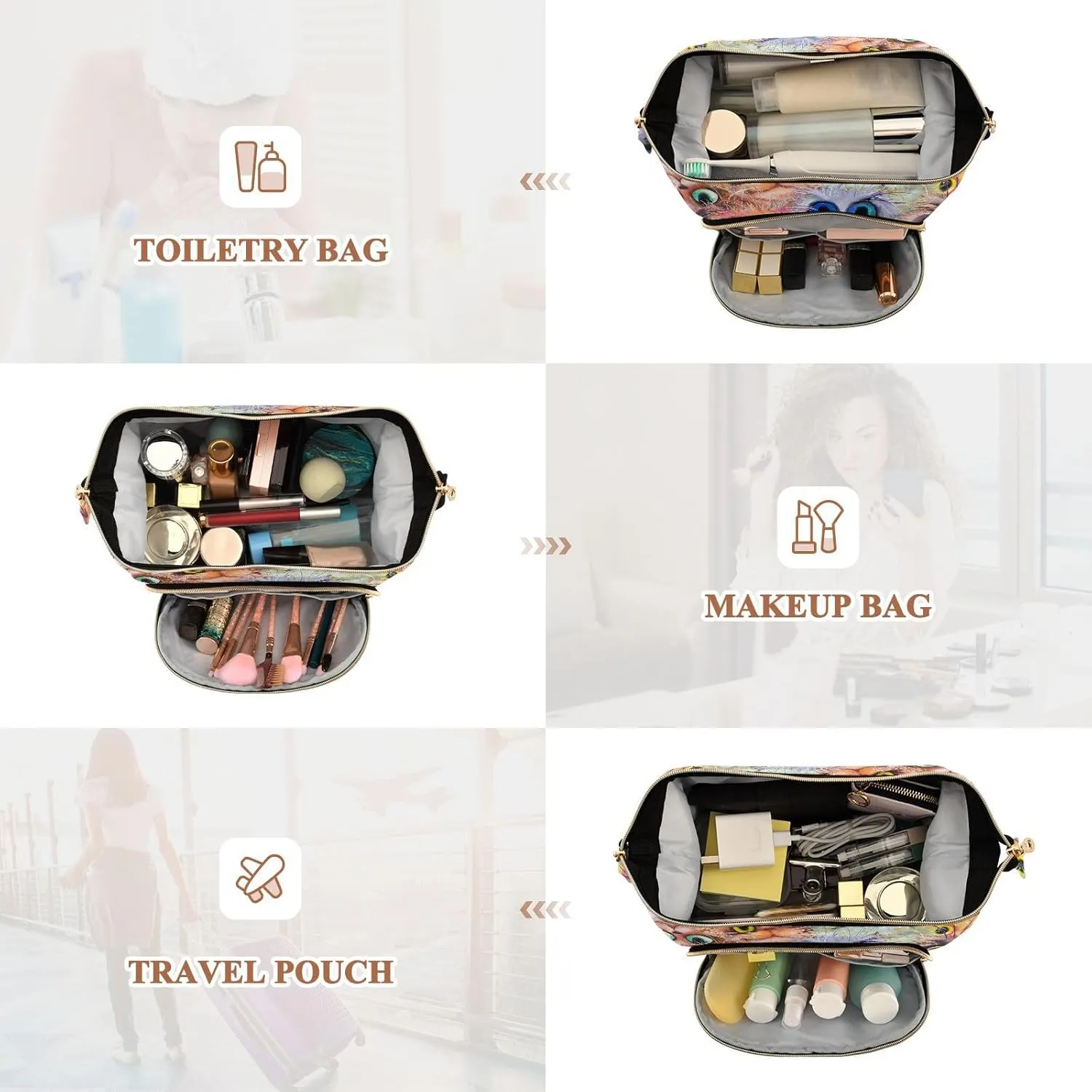 Women Wave Quilt Cosmetic Bag, Zipper Toiletry Storage 10.2x5.9x6.7 in, Pouch Handbag Makeup Case Purse Holder Organizer Print Fluffy Cat Faces Colorful