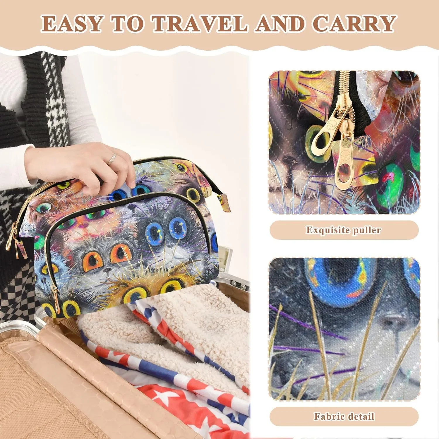 Women Wave Quilt Cosmetic Bag, Zipper Toiletry Storage 10.2x5.9x6.7 in, Pouch Handbag Makeup Case Purse Holder Organizer Print Fluffy Cat Faces Colorful