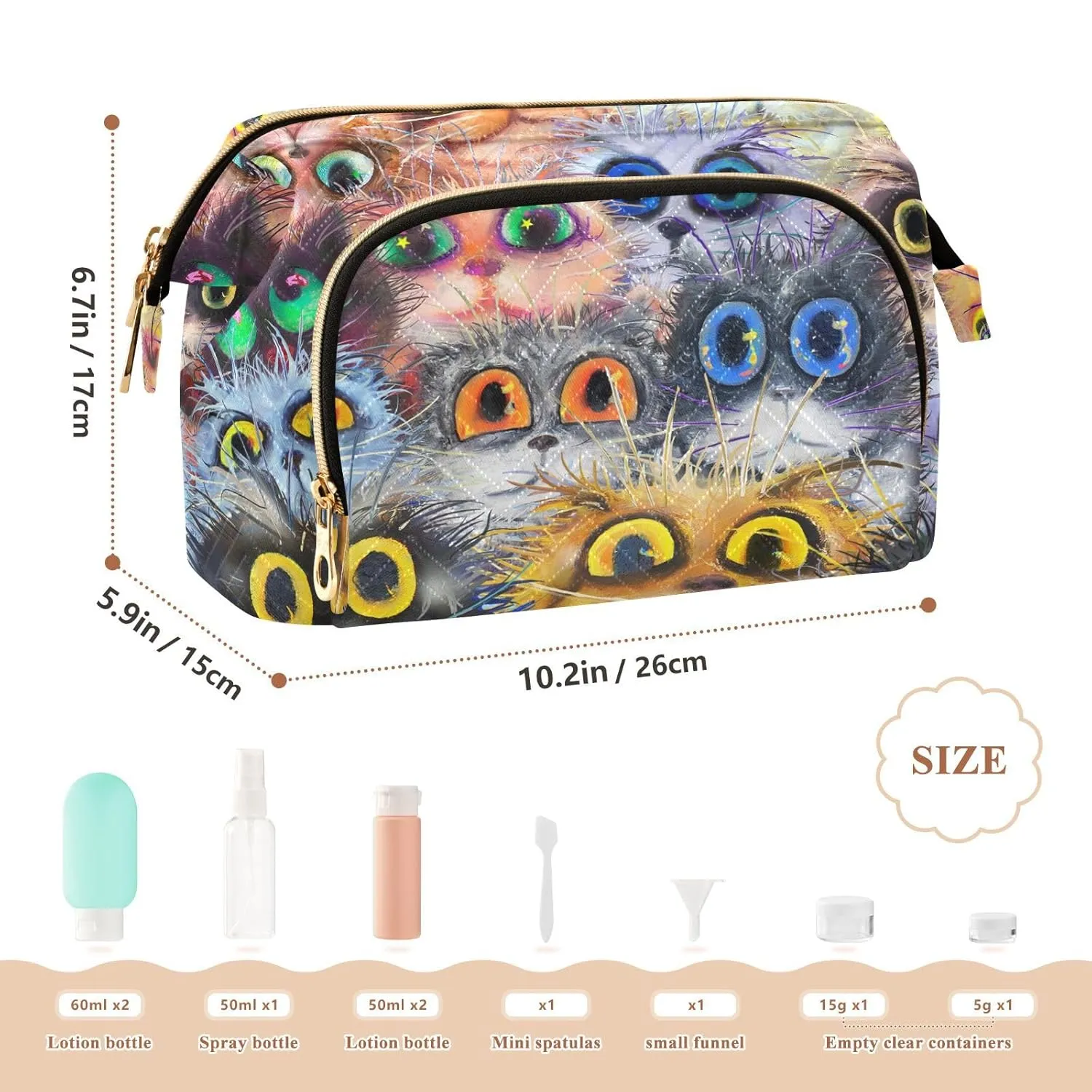 Women Wave Quilt Cosmetic Bag, Zipper Toiletry Storage 10.2x5.9x6.7 in, Pouch Handbag Makeup Case Purse Holder Organizer Print Fluffy Cat Faces Colorful