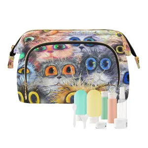 Women Wave Quilt Cosmetic Bag, Zipper Toiletry Storage 10.2x5.9x6.7 in, Pouch Handbag Makeup Case Purse Holder Organizer Print Fluffy Cat Faces Colorful
