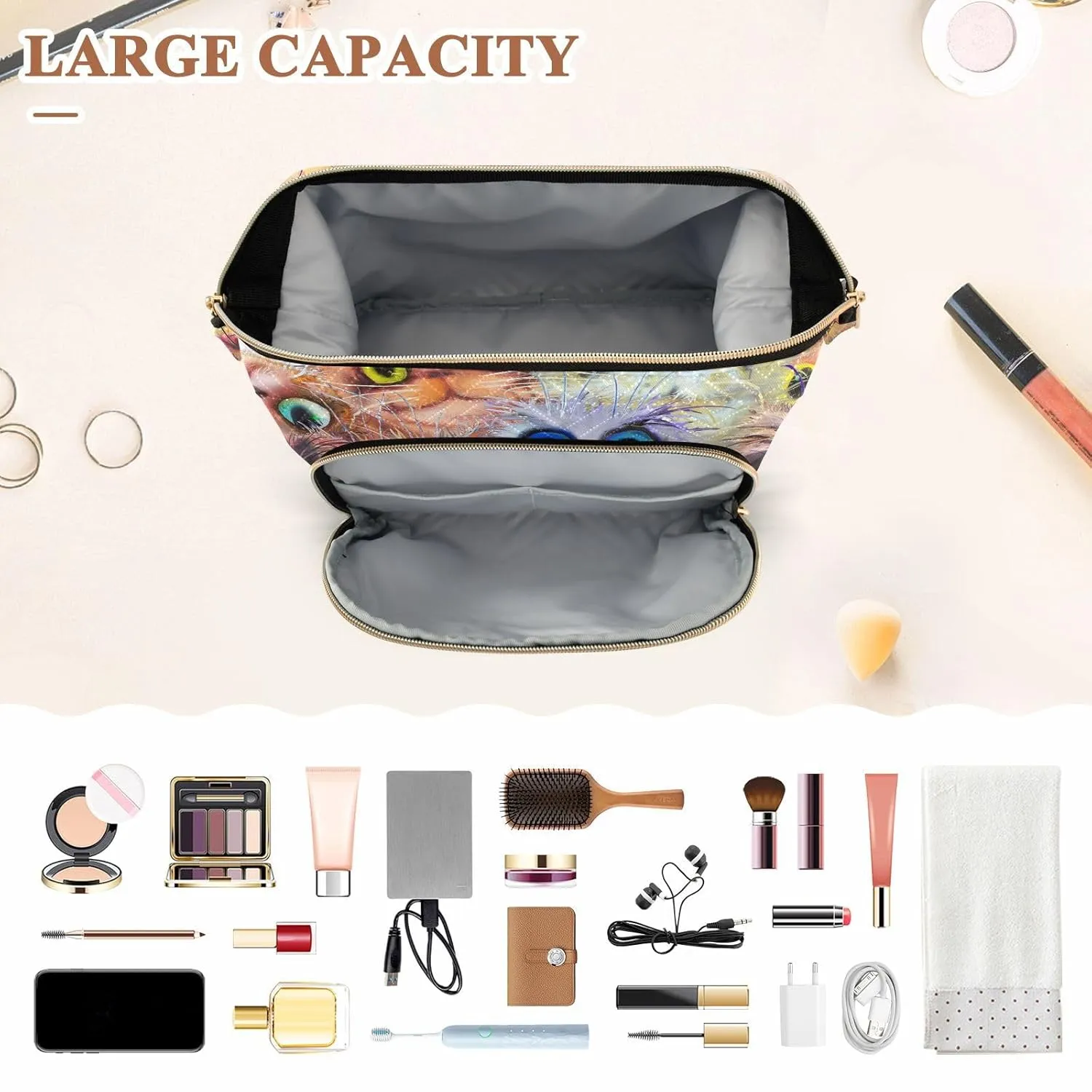 Women Wave Quilt Cosmetic Bag, Zipper Toiletry Storage 10.2x5.9x6.7 in, Pouch Handbag Makeup Case Purse Holder Organizer Print Fluffy Cat Faces Colorful