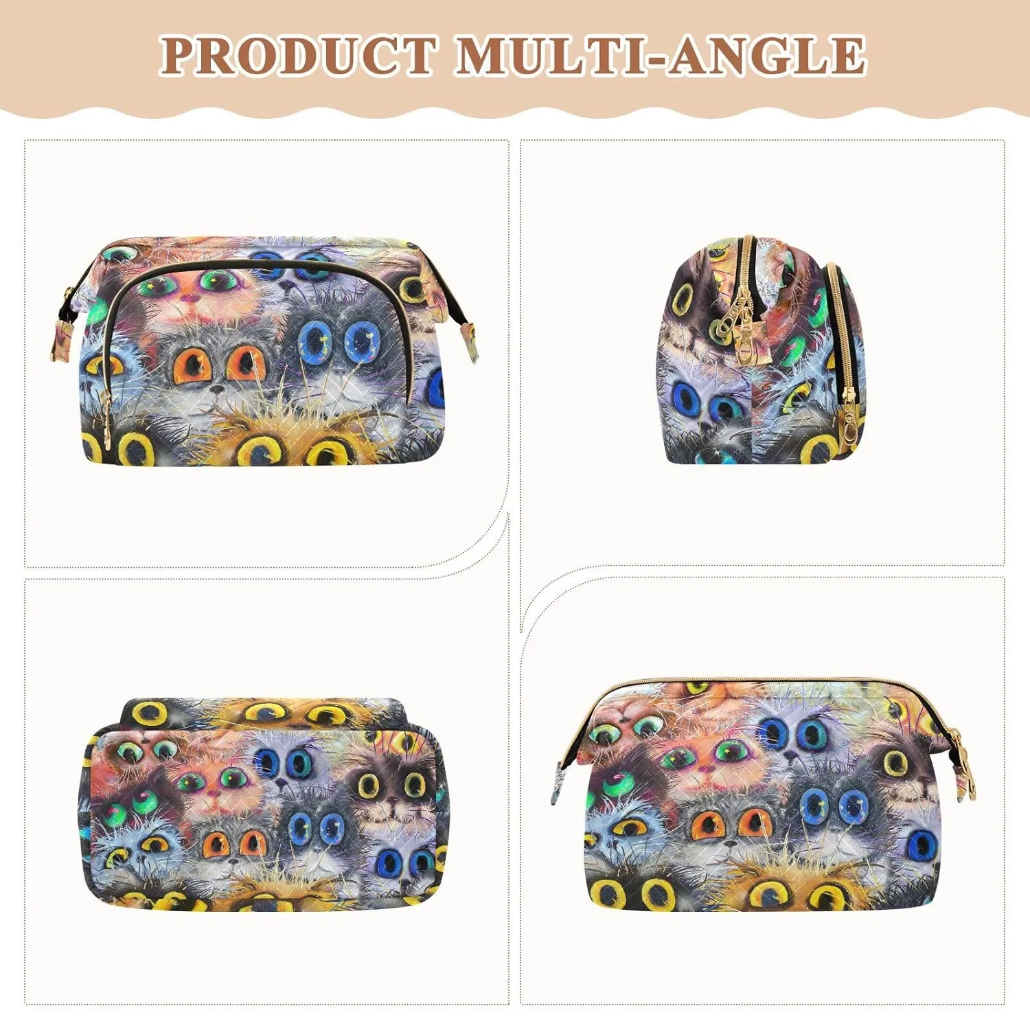 Women Wave Quilt Cosmetic Bag, Zipper Toiletry Storage 10.2x5.9x6.7 in, Pouch Handbag Makeup Case Purse Holder Organizer Print Fluffy Cat Faces Colorful