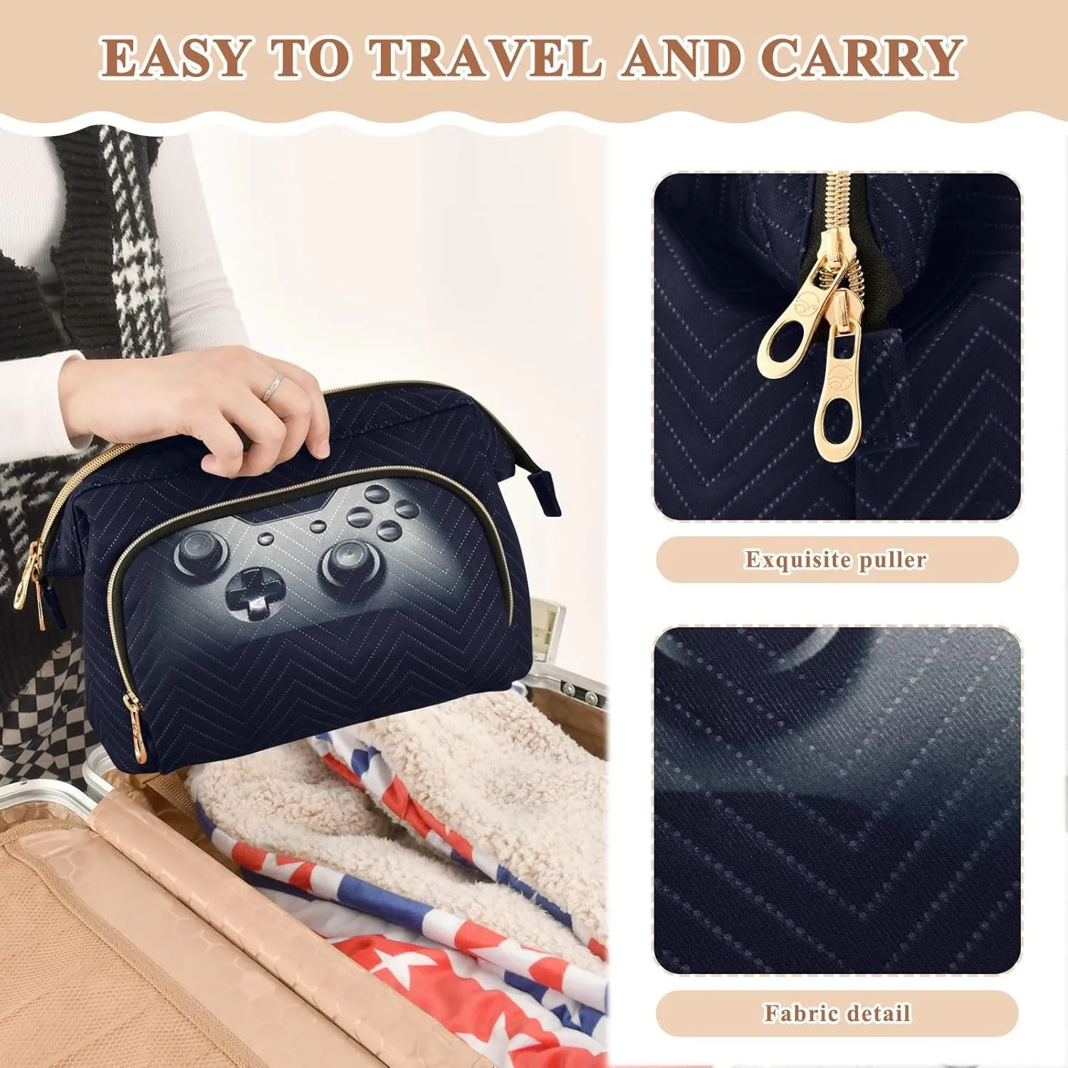 Women Wave Quilt Cosmetic Bag, Zipper Toiletry Storage 10.2x5.9x6.7 in, Pouch Handbag Makeup Case Purse Holder Organizer Print Neat Gamepad on Black