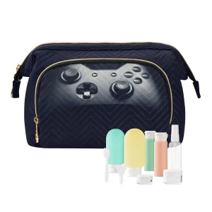 Women Wave Quilt Cosmetic Bag, Zipper Toiletry Storage 10.2x5.9x6.7 in, Pouch Handbag Makeup Case Purse Holder Organizer Print Neat Gamepad on Black
