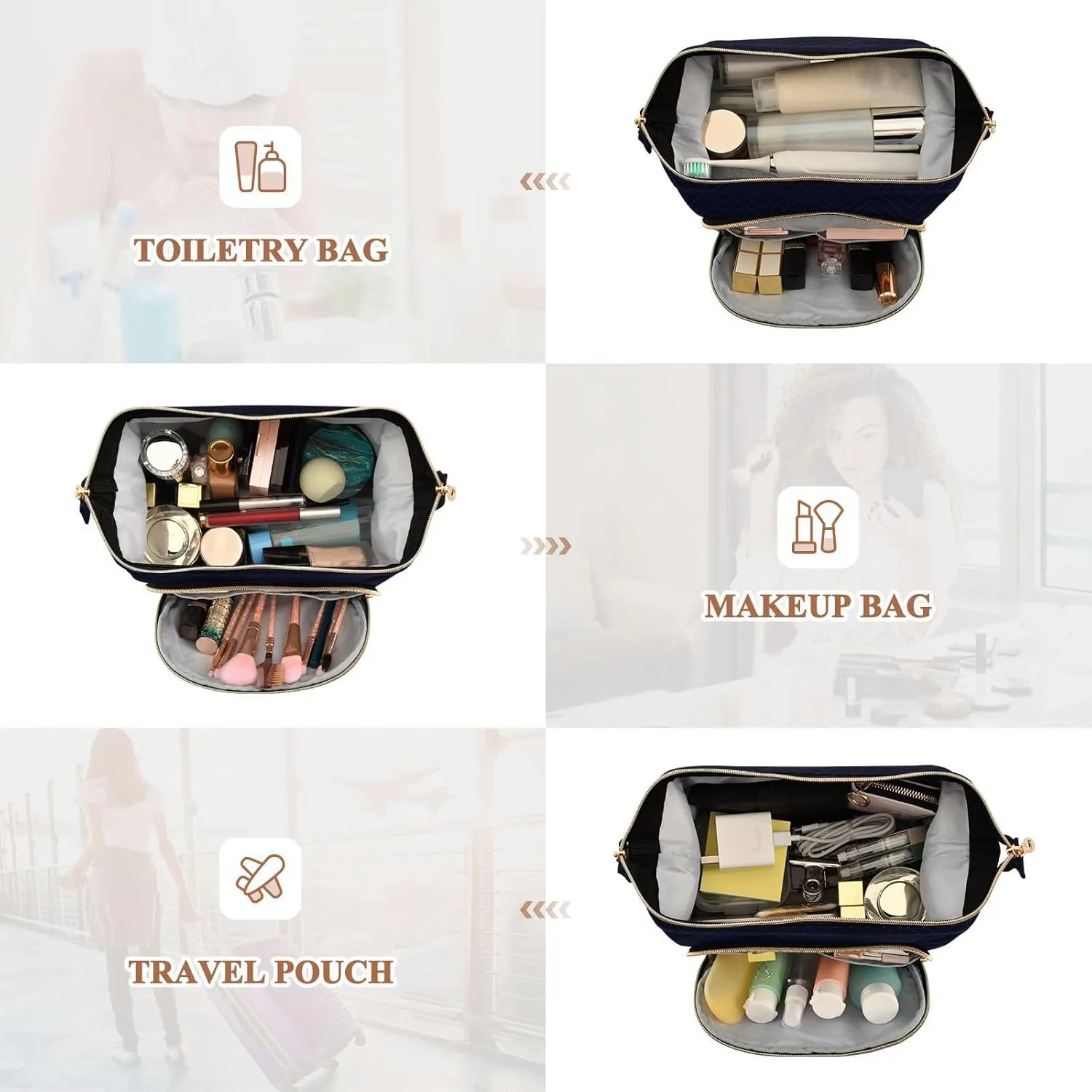 Women Wave Quilt Cosmetic Bag, Zipper Toiletry Storage 10.2x5.9x6.7 in, Pouch Handbag Makeup Case Purse Holder Organizer Print Neat Gamepad on Black