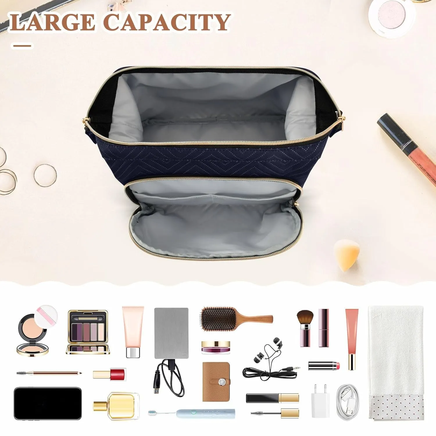 Women Wave Quilt Cosmetic Bag, Zipper Toiletry Storage 10.2x5.9x6.7 in, Pouch Handbag Makeup Case Purse Holder Organizer Print Neat Gamepad on Black