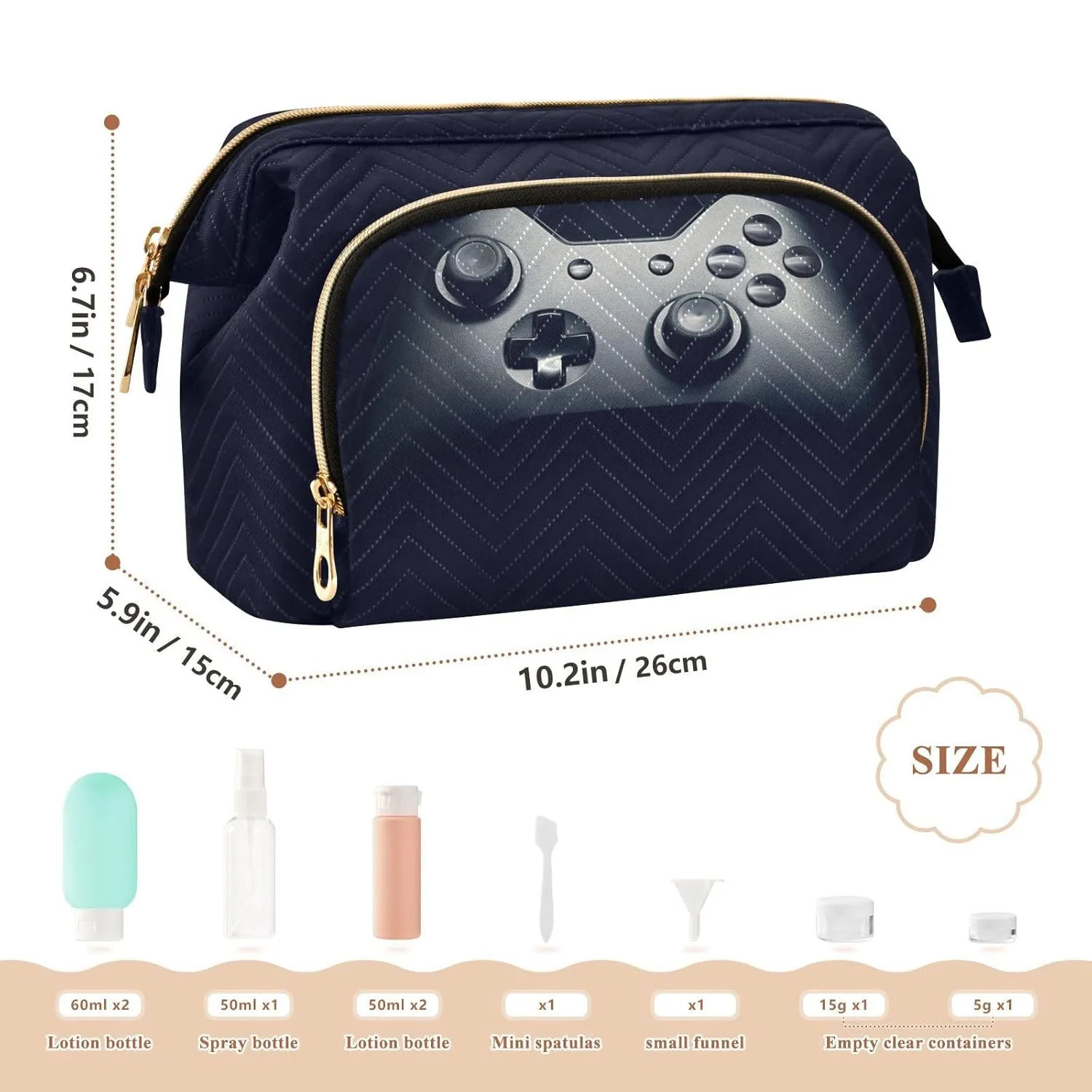 Women Wave Quilt Cosmetic Bag, Zipper Toiletry Storage 10.2x5.9x6.7 in, Pouch Handbag Makeup Case Purse Holder Organizer Print Neat Gamepad on Black