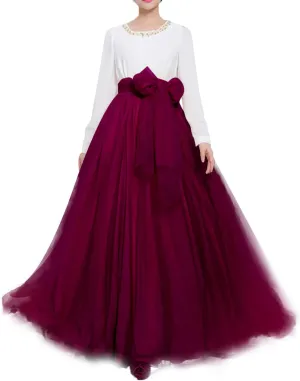 Women Wedding Long Maxi Puffy Tulle Skirt Floor Length A Line with Bowknot Belt High Waisted for Wedding Party Evening