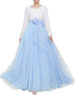 Women Wedding Long Maxi Puffy Tulle Skirt Floor Length A Line with Bowknot Belt High Waisted for Wedding Party Evening