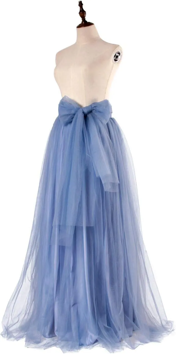 Women Wedding Long Maxi Puffy Tulle Skirt Floor Length A Line with Bowknot Belt High Waisted for Wedding Party Evening