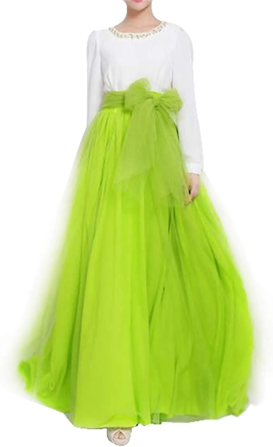 Women Wedding Long Maxi Puffy Tulle Skirt Floor Length A Line with Bowknot Belt High Waisted for Wedding Party Evening