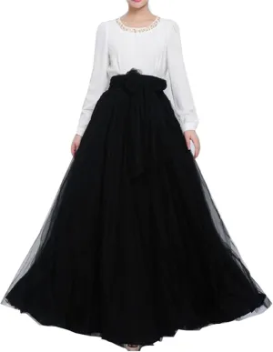 Women Wedding Long Maxi Puffy Tulle Skirt Floor Length A Line with Bowknot Belt High Waisted for Wedding Party Evening