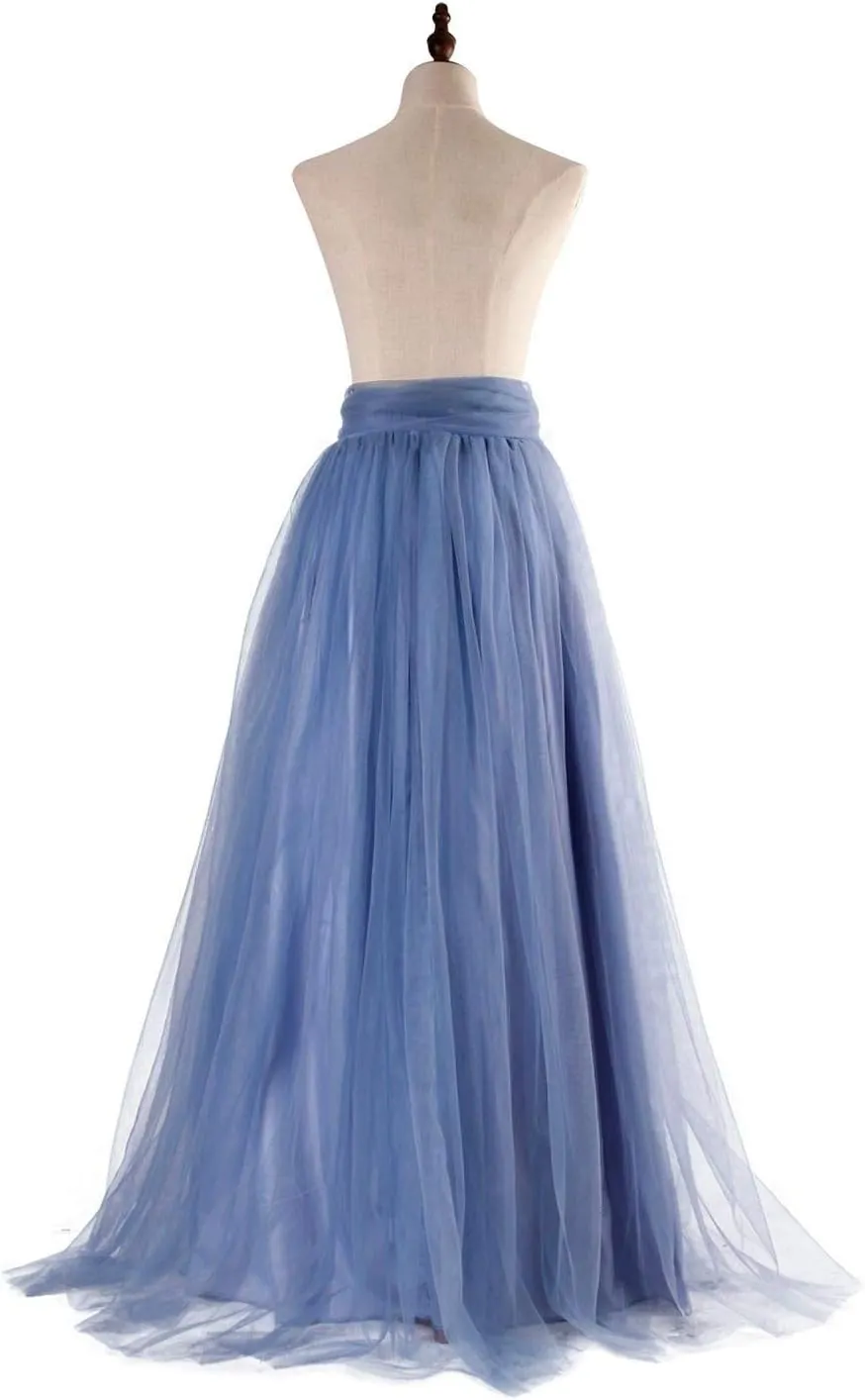 Women Wedding Long Maxi Puffy Tulle Skirt Floor Length A Line with Bowknot Belt High Waisted for Wedding Party Evening