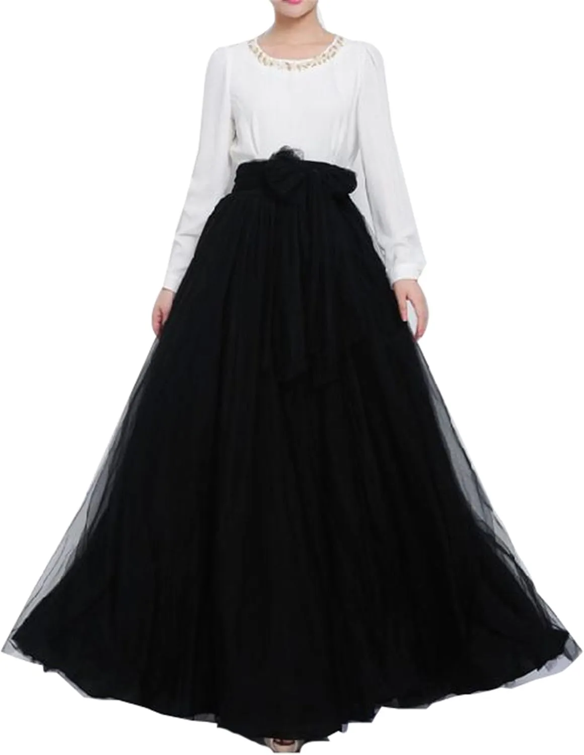 Women Wedding Long Maxi Puffy Tulle Skirt Floor Length A Line with Bowknot Belt High Waisted for Wedding Party Evening