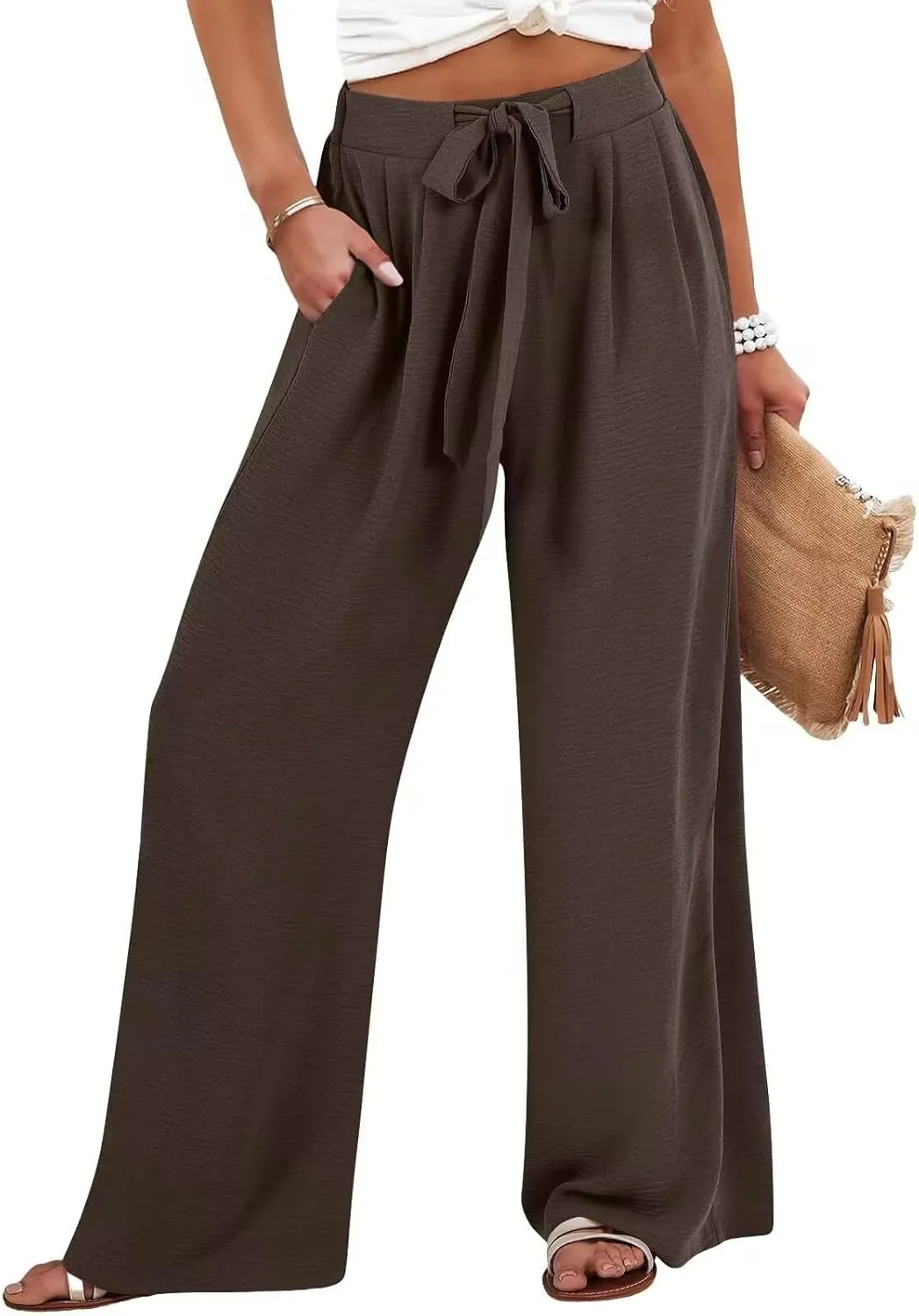Women Wide Leg Pants 2025 Summer High Waist Casual Trousers with Belt Loose Lounge Beach Travel Vacation Clothes