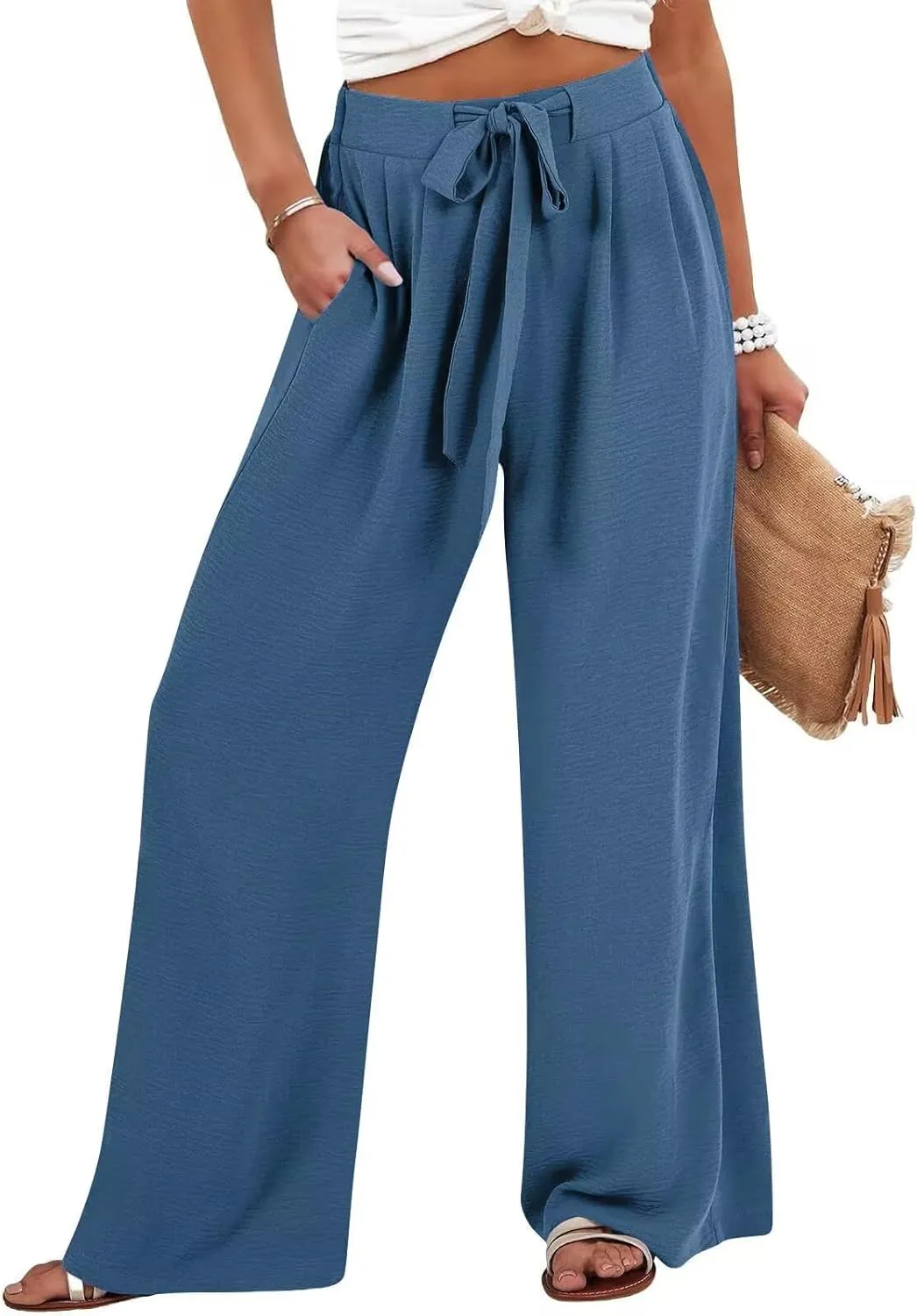 Women Wide Leg Pants 2025 Summer High Waist Casual Trousers with Belt Loose Lounge Beach Travel Vacation Clothes