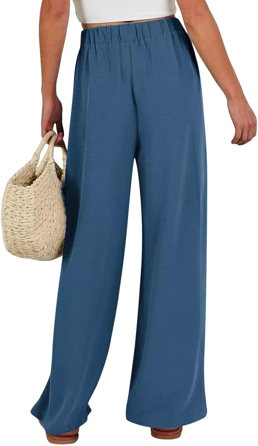 Women Wide Leg Pants 2025 Summer High Waist Casual Trousers with Belt Loose Lounge Beach Travel Vacation Clothes