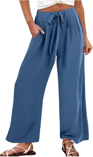 Women Wide Leg Pants 2025 Summer High Waist Casual Trousers with Belt Loose Lounge Beach Travel Vacation Clothes