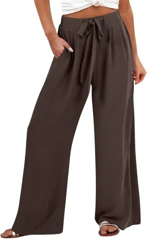 Women Wide Leg Pants 2025 Summer High Waist Casual Trousers with Belt Loose Lounge Beach Travel Vacation Clothes