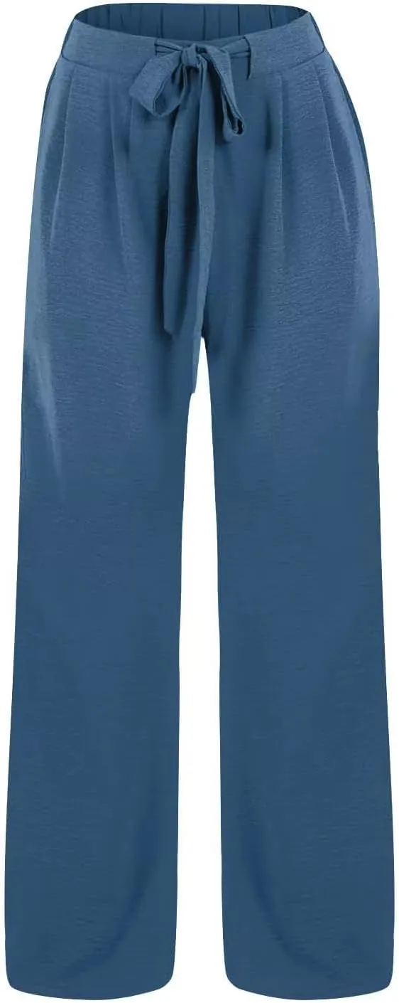 Women Wide Leg Pants 2025 Summer High Waist Casual Trousers with Belt Loose Lounge Beach Travel Vacation Clothes