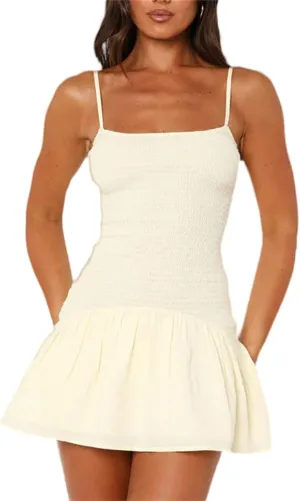 Women Y2K Fairycore Mini Dress Smocked Ruffle Spaghetti Strap Flowy Dress Solid Color Clean Fit Summer Streetwear