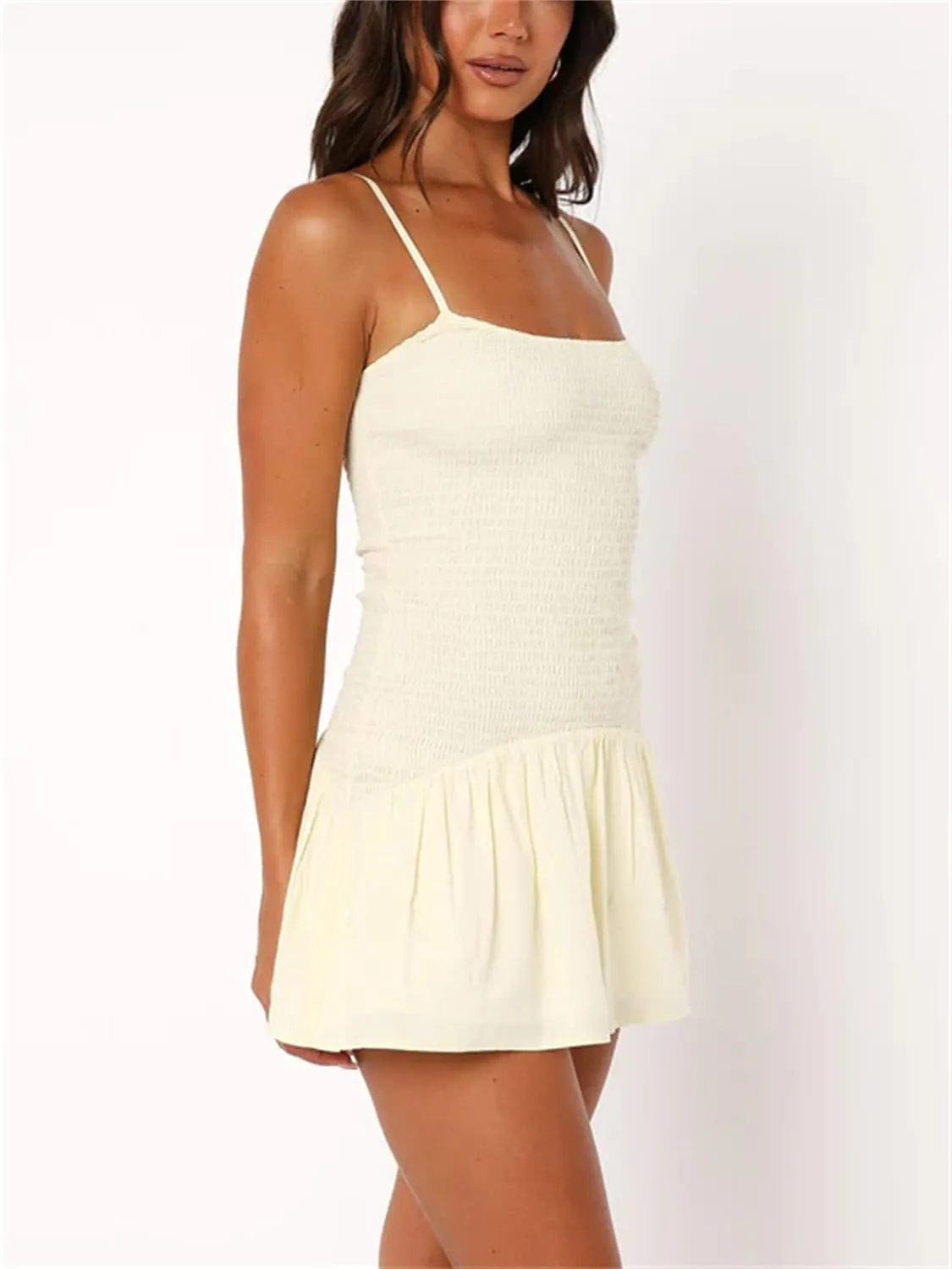 Women Y2K Fairycore Mini Dress Smocked Ruffle Spaghetti Strap Flowy Dress Solid Color Clean Fit Summer Streetwear