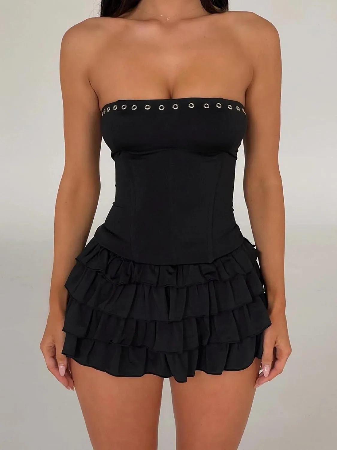 Women Y2K Strapless Short Dress Backless Tube Ruched Ruffle Mini Dress Floral Flowy Sleeveless Bodycon Sundress