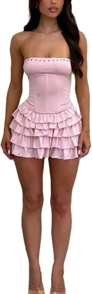 Women Y2K Strapless Short Dress Backless Tube Ruched Ruffle Mini Dress Floral Flowy Sleeveless Bodycon Sundress