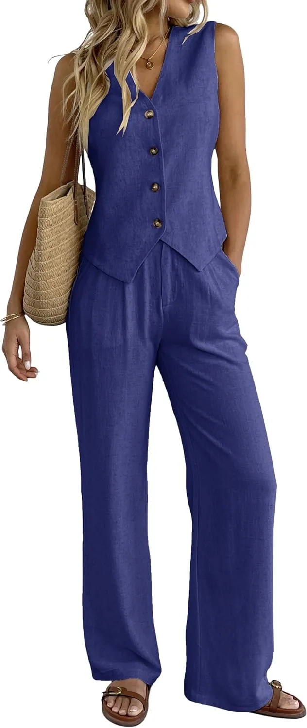 Women's 2 Piece Outfits Linen Vest Waistcoat Dressy Casual Sets Wide Leg Pants Suits