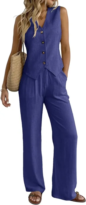 Women's 2 Piece Outfits Linen Vest Waistcoat Dressy Casual Sets Wide Leg Pants Suits