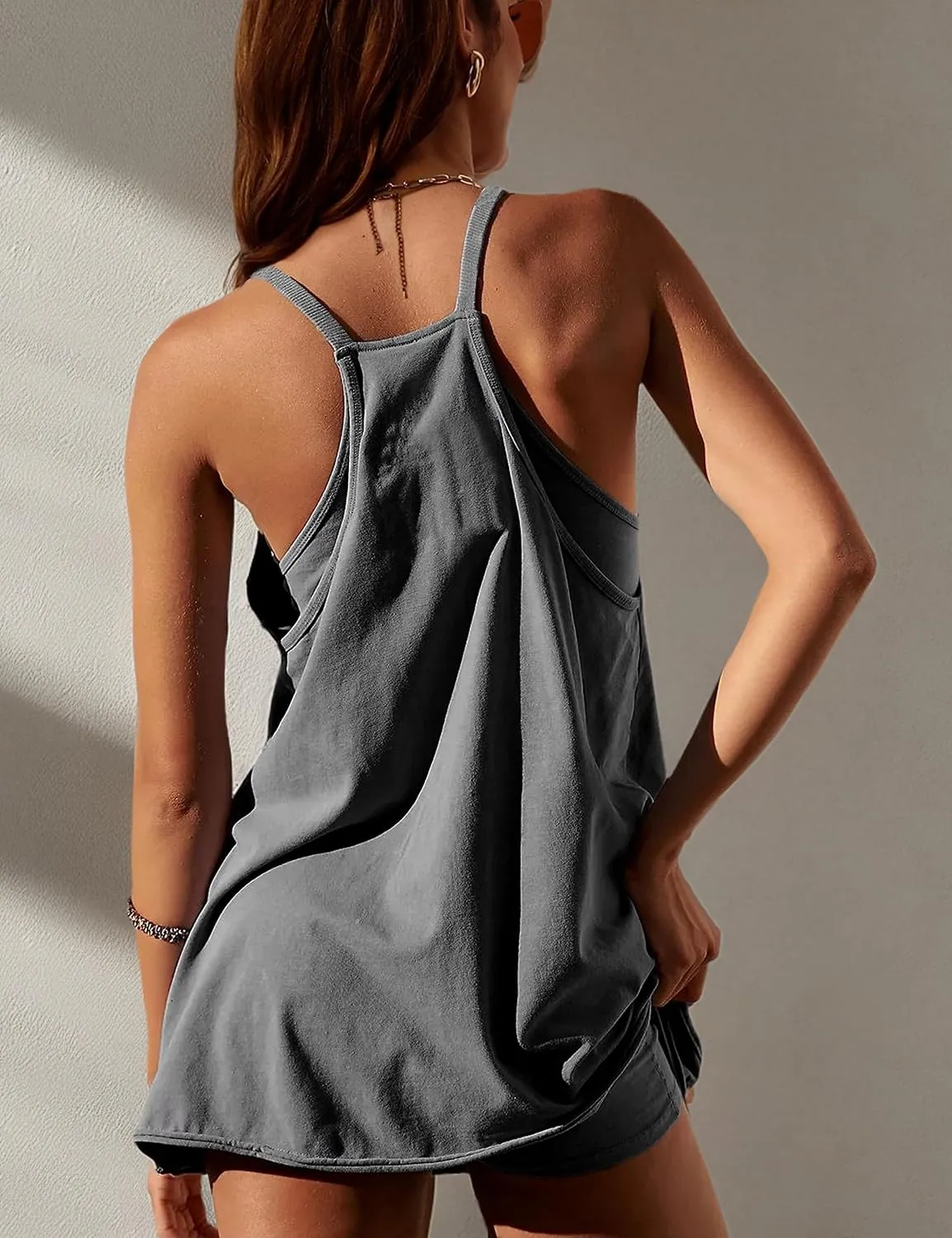Womens 2025 Summer Sleeveless Mini Dress Spaghetti Strap Sundress with Built-in Shorts Golf Athletic Dresses