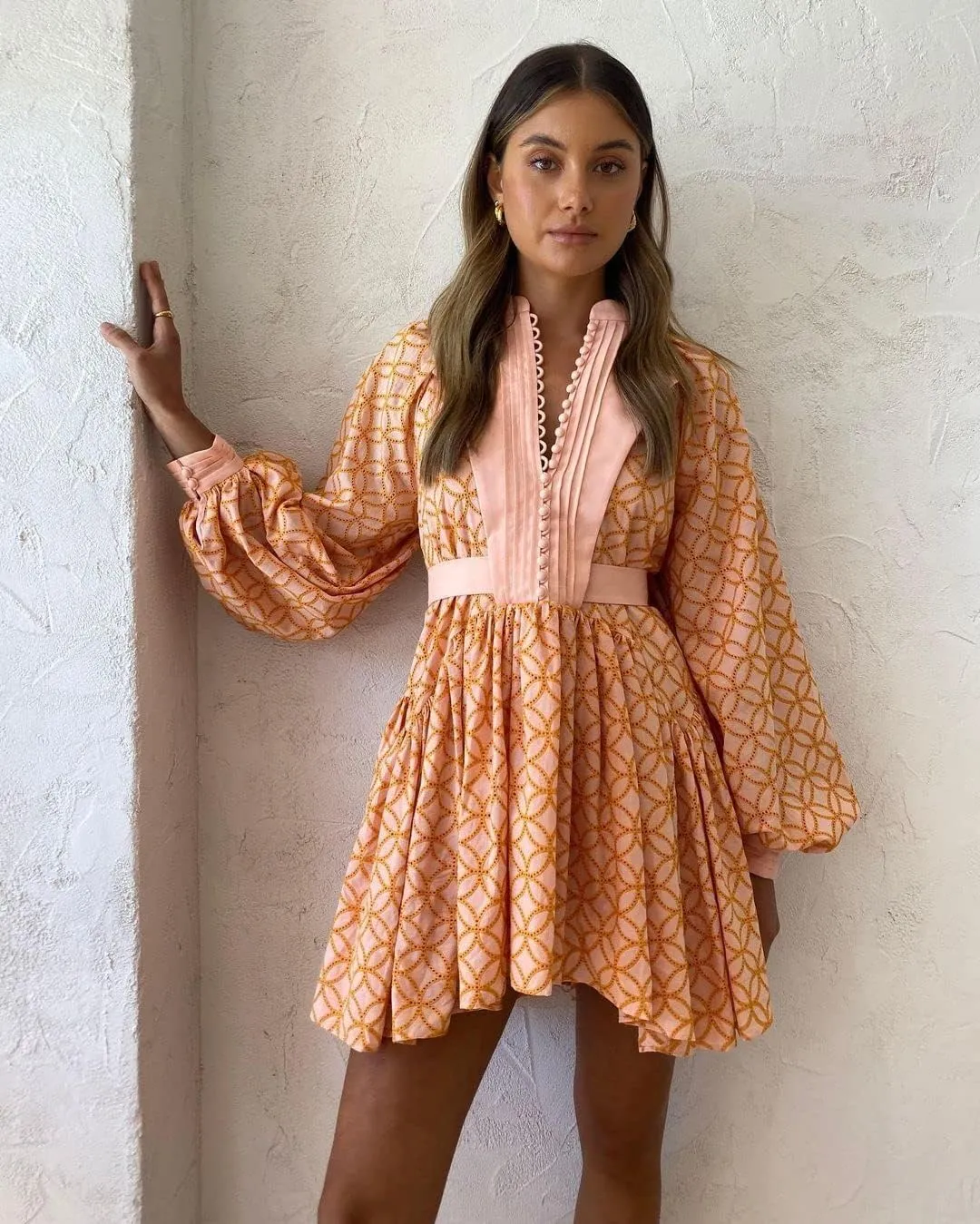 Women's Bohemian Floral Print Button Down Long Lantern Sleeve Shift Tunic Dress Casual Ruffle Swing Mini Dress