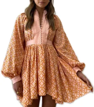 Women's Bohemian Floral Print Button Down Long Lantern Sleeve Shift Tunic Dress Casual Ruffle Swing Mini Dress