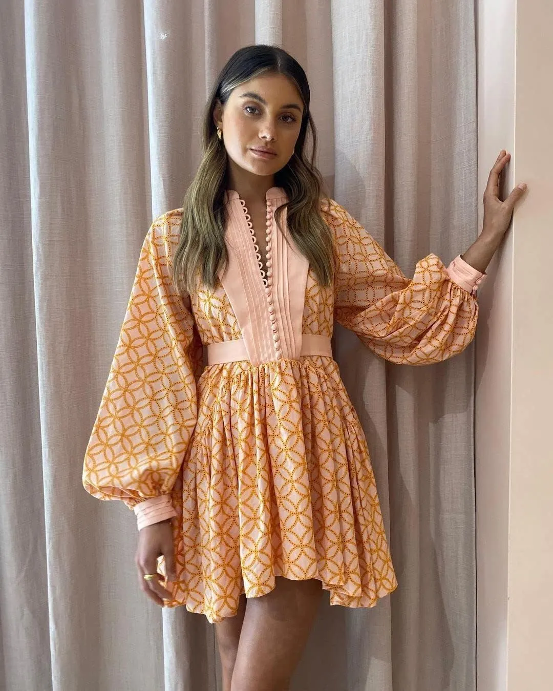 Women's Bohemian Floral Print Button Down Long Lantern Sleeve Shift Tunic Dress Casual Ruffle Swing Mini Dress