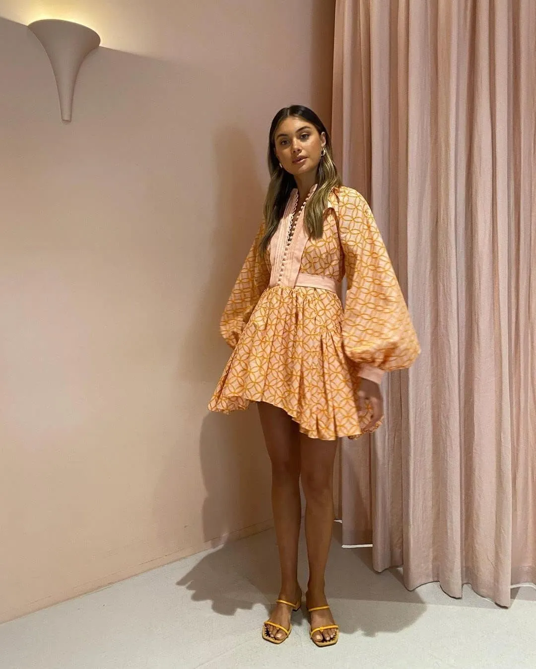 Women's Bohemian Floral Print Button Down Long Lantern Sleeve Shift Tunic Dress Casual Ruffle Swing Mini Dress