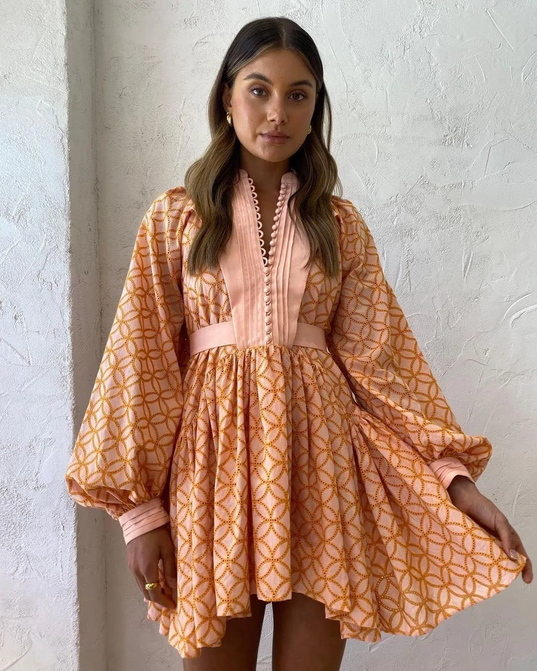 Women's Bohemian Floral Print Button Down Long Lantern Sleeve Shift Tunic Dress Casual Ruffle Swing Mini Dress