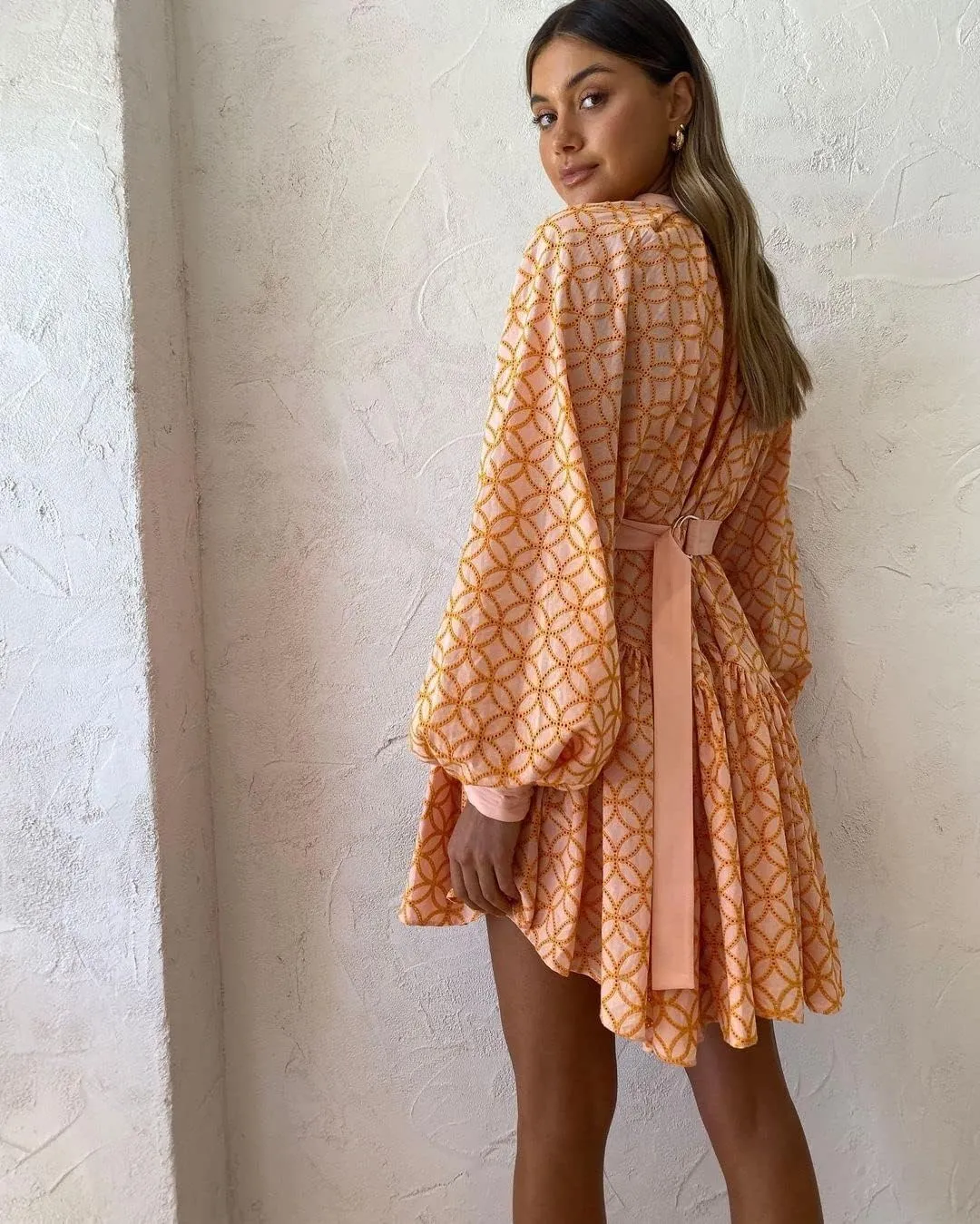 Women's Bohemian Floral Print Button Down Long Lantern Sleeve Shift Tunic Dress Casual Ruffle Swing Mini Dress