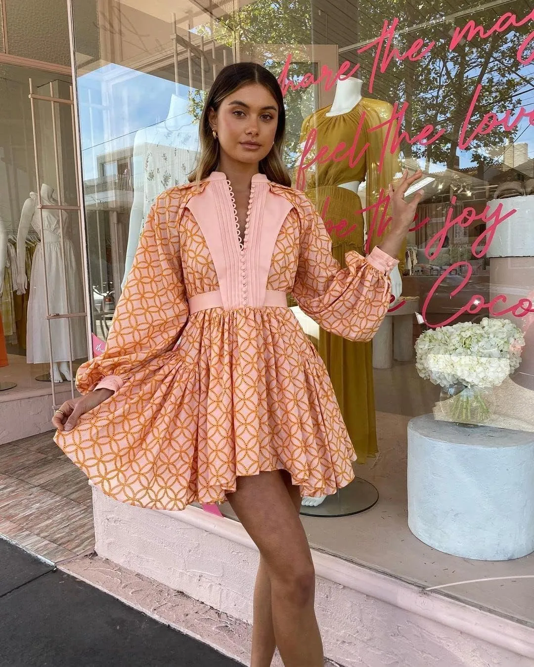 Women's Bohemian Floral Print Button Down Long Lantern Sleeve Shift Tunic Dress Casual Ruffle Swing Mini Dress