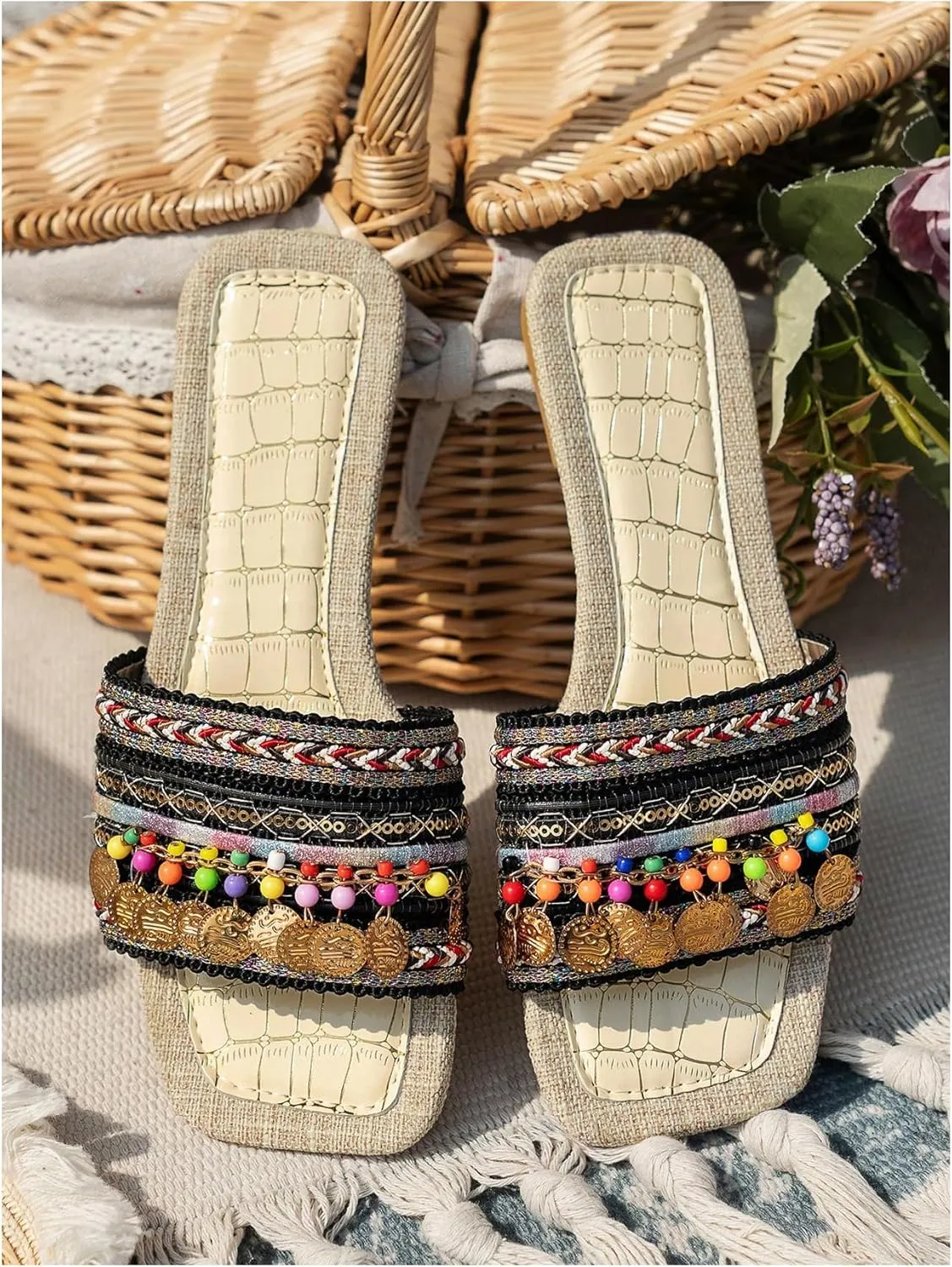 Women's Boho Beaded Beach Flat Sandals Embroidered Open Square Summer Slide Shoes Beach
