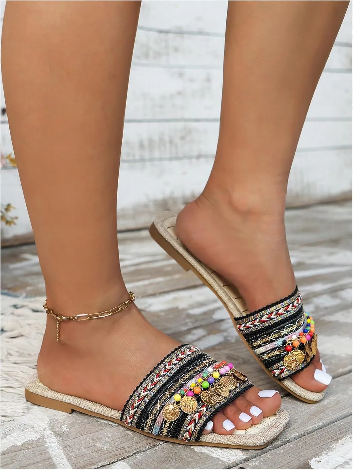 Women's Boho Beaded Beach Flat Sandals Embroidered Open Square Summer Slide Shoes Beach