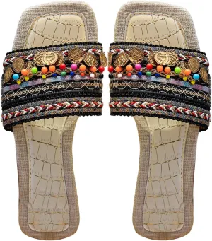 Women's Boho Beaded Beach Flat Sandals Embroidered Open Square Summer Slide Shoes Beach
