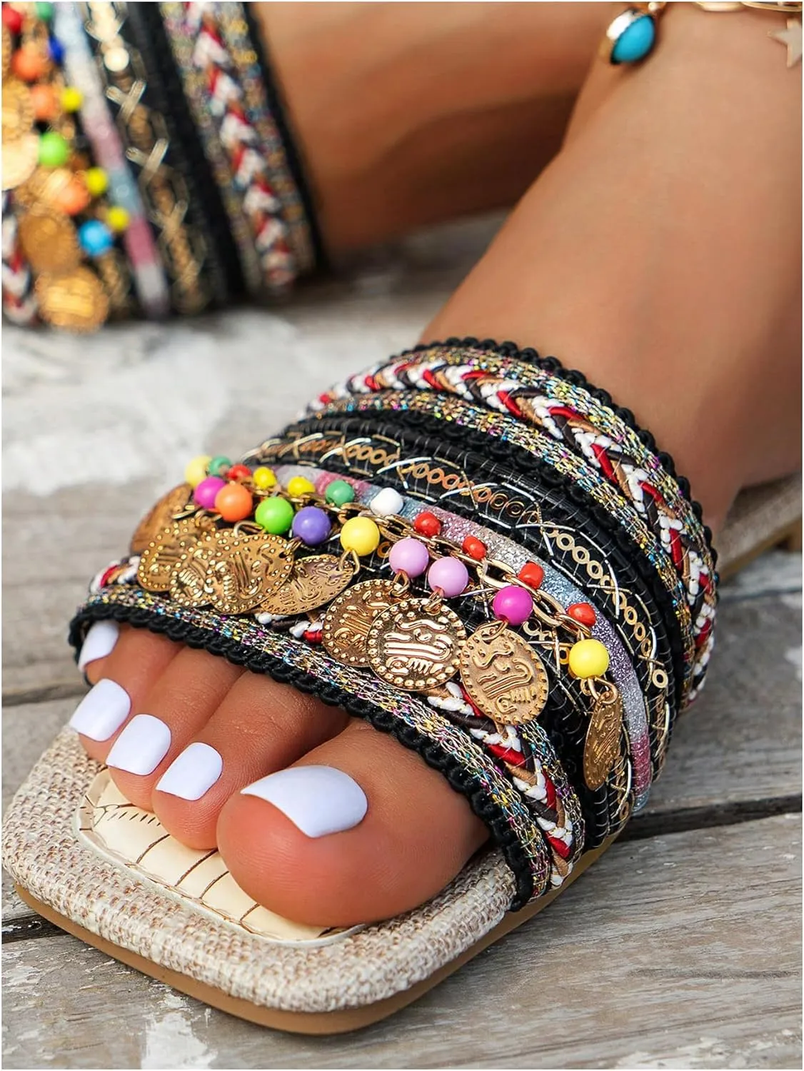 Women's Boho Beaded Beach Flat Sandals Embroidered Open Square Summer Slide Shoes Beach
