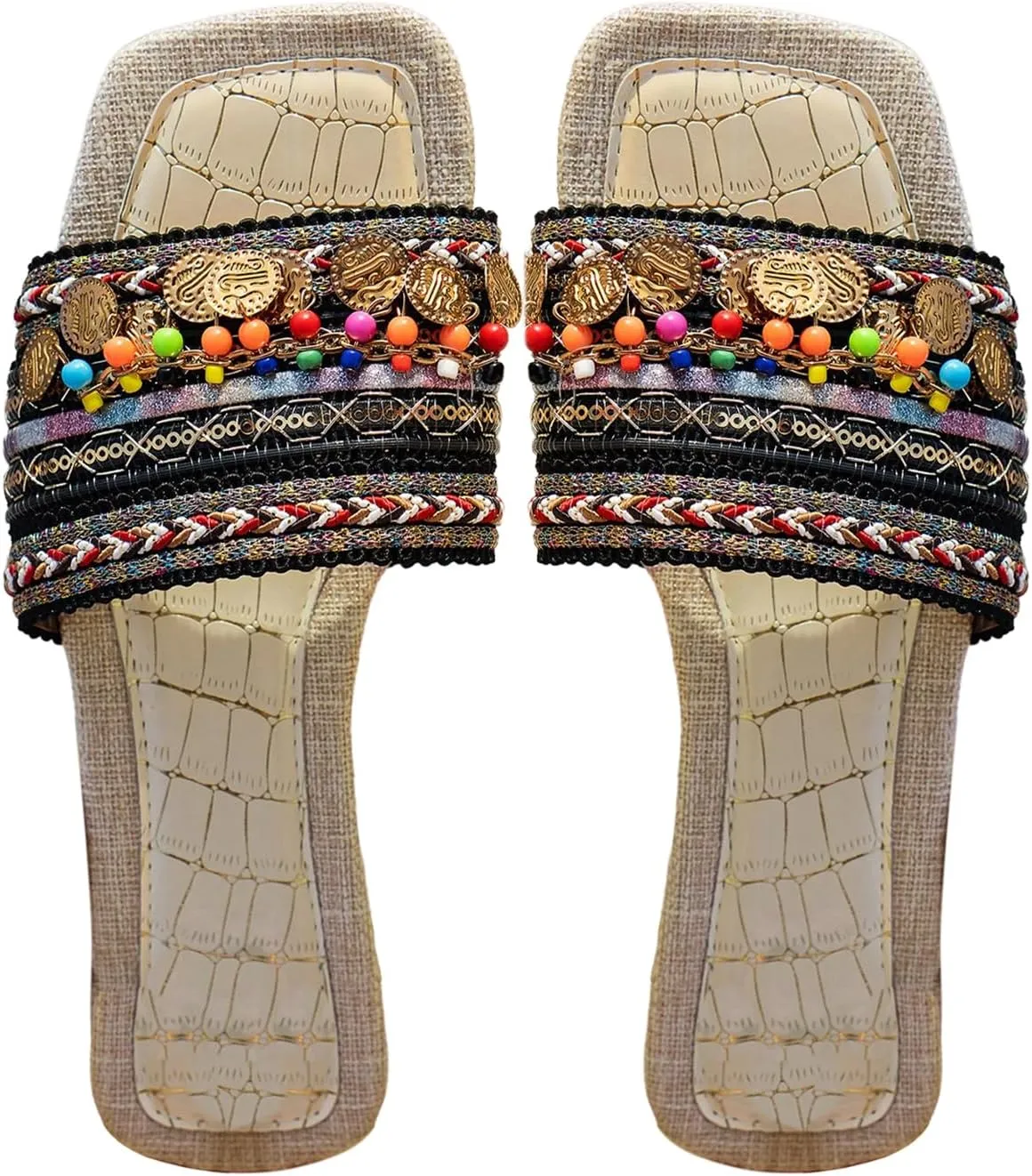 Women's Boho Beaded Beach Flat Sandals Embroidered Open Square Summer Slide Shoes Beach