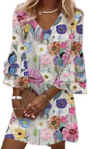 Women’s Boho Floral Print Tiered 3/4 Bell Sleeve Mini Dress V Neck Casual Flowy Beach Summer Short Dresses