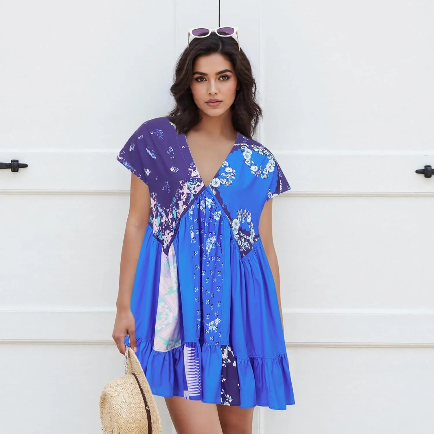 Women’s Boho Mini Dress Y2k Floral Print Deep V-Neck Puff Sleeve Short Dress 2025 Summer Loose Beach Sundress