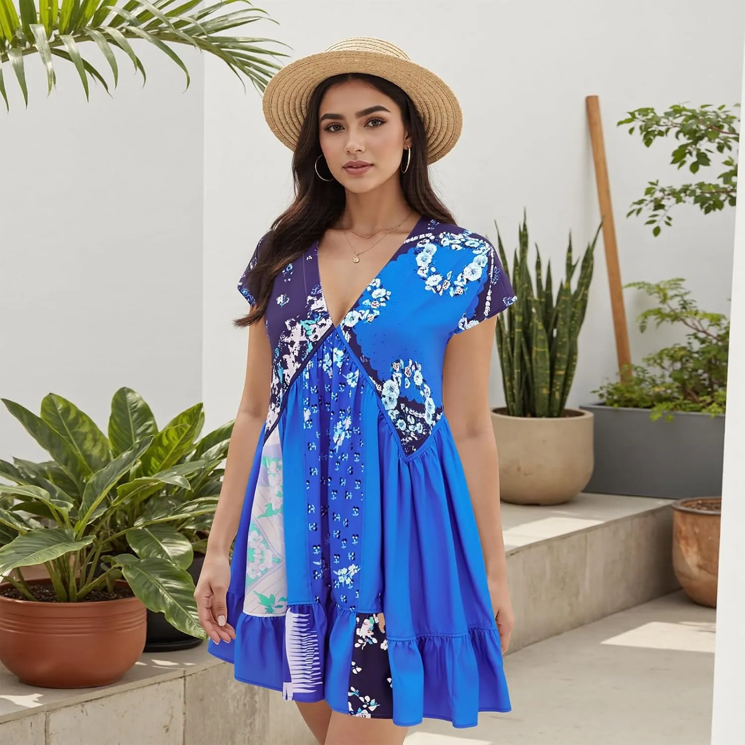 Women’s Boho Mini Dress Y2k Floral Print Deep V-Neck Puff Sleeve Short Dress 2025 Summer Loose Beach Sundress