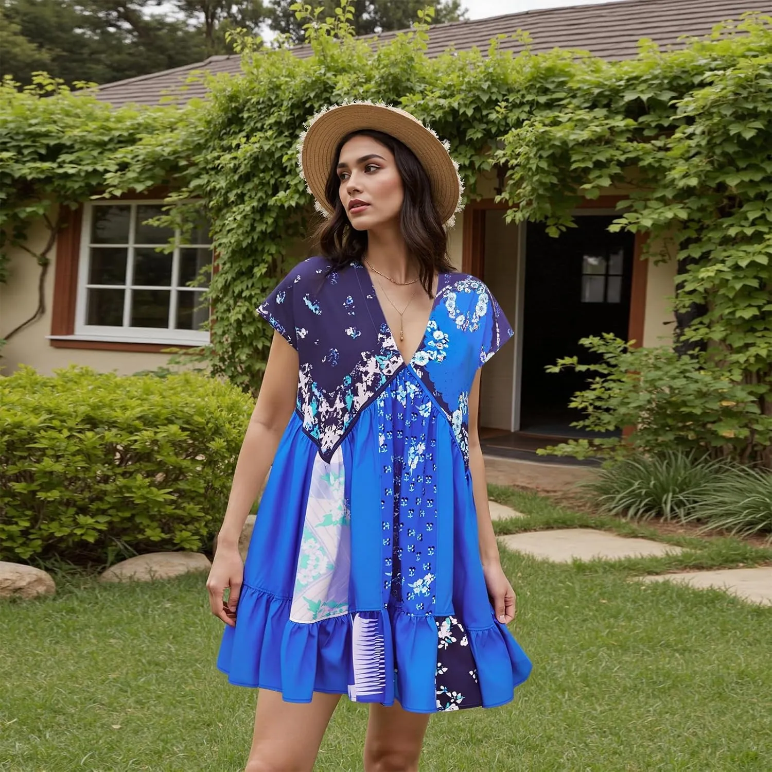 Women’s Boho Mini Dress Y2k Floral Print Deep V-Neck Puff Sleeve Short Dress 2025 Summer Loose Beach Sundress