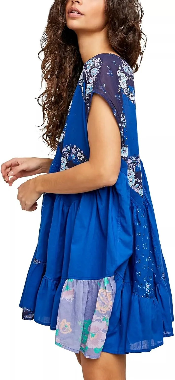 Women’s Boho Mini Dress Y2k Floral Print Deep V-Neck Puff Sleeve Short Dress 2025 Summer Loose Beach Sundress